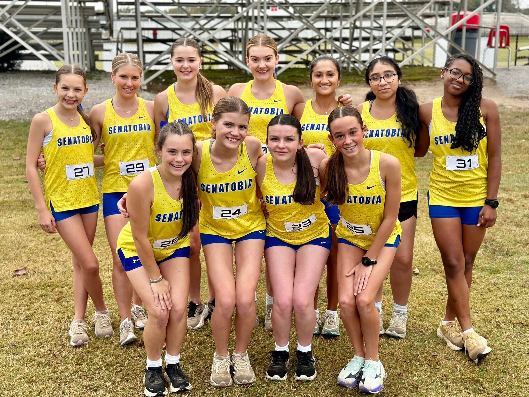 The Senatobia Girls Cross Country team includes Jena Casey, Terani Davis, Carmen Garcia-Escamilla, Emma Cate Hale, Taryn Mae Hale, Taylor Hale, Sidney Kate Hunt, Lilly Jordan, Marlene Magallon, Claire Melton, Maci Claire Moore, Lily Roberts, Sutton Porter, Adi Sawyer, Hadley Walker and Lyla Walley.