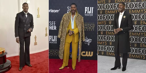 This combination of photos shows actor Colman Domingo wearing a Louis Vuitton double-breasted tuxedo with crystal buttons and gold-tipped cowboy boots at the Oscars in Los Angeles on March 10, 2024, left, Domingo wearing a mustard yellow suit by Valentino Haute Couture at the 29th Critics Choice Awards in Santa Monica, Calif., Jan. 14, center, and a custom black Louis Vuitton tuxedo and man brooches at the Emmys in Los Angeles on Jan. 15. (AP Photo)