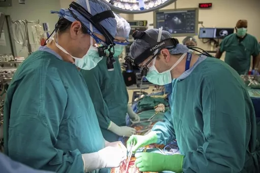 In this photo provided by Duke Health, surgeons Dr. Jacob Schroder, left, and Dr. Zachary Fitch perform a heart transplant at Duke University Hospital in Durham, N.C., in October 2022. Most transplanted hearts are from donors who are brain dead, but research published by Duke Health on Wednesday, June 7, 2023, shows a different approach can be just as successful and boost the number of available organs. It's called donation after circulatory death, a method long used to recover kidneys and other
