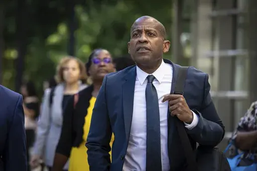 Carlos Watson leaves Brooklyn federal court after testifying in his own defense in New York, Monday, July 1, 2024. (AP Photo/Stefan Jeremiah, File)