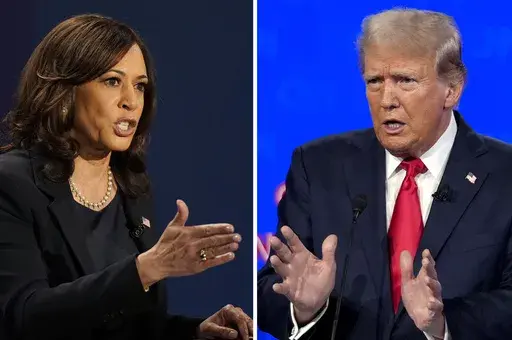 Democratic vice presidential candidate Sen. Kamala Harris, D-Calif., speaks during a debate, Oct. 7, 2020, in Salt Lake City, left, and Republican presidential candidate former President Donald Trump speaks during a debate, June 27, 2024, in Atlanta. Trump said Friday, Aug. 2, 2024, that he's pulling out of a scheduled debate with his likely Democratic opponent, Vice President Harris, and instead has agreed to a date earlier in September on Fox News Channel, furthering the uncertainty that the t