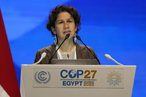 Maisa Rojas, minister of environment of Chile, speaks at the COP27 U.N. Climate Summit, Tuesday, Nov. 15, 2022, in Sharm el-Sheikh, Egypt. Women are controlling negotiations about the thorniest topic in the United Nations climate talks in Egypt. The issue is of reparations for climate disasters and payments from polluting nations to damaged countries. (AP Photo/Peter Dejong, File)