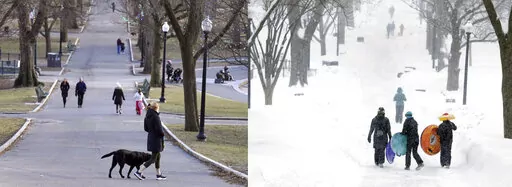 This two picture combination shows scenes from a mild day on Feb. 13, 2023, at left, and a snowy day on Feb. 9, 2015, at right, as people walk through the Boston Common in Boston. Snow totals are far below average from Boston to Philadelphia in 2023 and warmer temperatures have often resulted in more spring-like days than blizzard-like conditions. (AP Photo/Steven Senne)