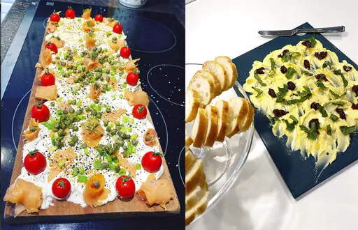 A  cream cheese board, left, and a butter board. Butter boards, the polarizing stepchild of charcuterie, have taken TikTok to new food-craze heights. (Valerie Allen via AP)