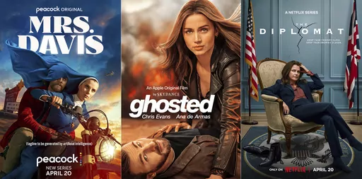 This combination of images shows promotional art for "Mrs. Davis," a series premiering April 20 on Peacock, left, "Ghosted," a film premiering April 21 on Apple TV+, venter, and "The Diplomat," a series premiering April 20 on Netflix. (Peacock/Apple TV+/Netflix via AP)