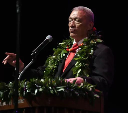 Maui County Mayor Richard Bissen delivers his State of the County Address at the Maui Arts & Cultural's Castle Theater, in Kahului, Hawaii, Friday, March 15, 2024. (Matthew Thayer/The Maui News via AP)