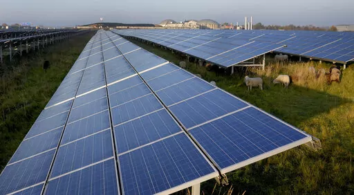 FILE -- Sheeps graze at a solar farm and a biogas plant, rear, in Oberkraemer, Germany, Thursday, Oct. 28, 2021. The German government presented a major package of reforms Wednesday to boost the construction of renewable power as part of its efforts to meet its climate goals and become independent of energy imports from hostile nations such as Russia.  (AP Photo/Michael Sohn, file)