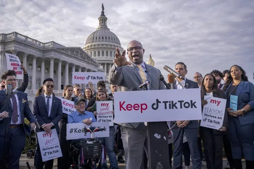 Rep. Jamaal Bowman, D-N.Y., joined by the popular app's supporters, leads a rally to defend TikTok at the Capitol in Washington, Wednesday, March 22, 2023. Bowman, D-N.Y., who has more than 180,000 followers on the app, held a news conference with TikTok influencers before a House hearing with TikTok CEO Shou Zi Chewg. Bowman accused Republicans of pushing a ban on TikTok for political reasons. (AP Photo/J. Scott Applewhite, File)