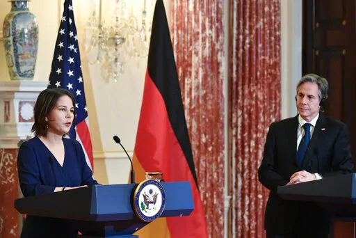 German Foreign Minister Annalena Baerbock speaks during a news conference with Secretary of State Antony Blinken at the State Department, Wednesday, Jan. 5, 2022, in Washington. (Mandel Ngan/Pool via AP)