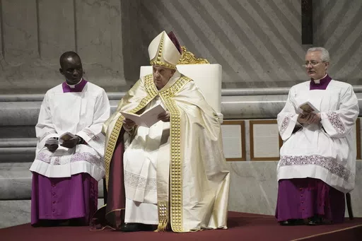 Pope Francis presides over the second vespers in St. Peter's Basilica on Ascension Day, Thursday, May 9, 2024, after reading the papal bull 'Spes non confundit' (Latin for, hope does not disappoint), the official decree establishing the Catholic Holy Year: a once-every-quarter-century event that is expected to bring some 32 million pilgrims to Rome (AP Photo/Gregorio Borgia)
