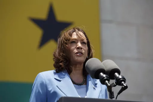 Vice President Kamala Harris addresses youth gathered on Black Star square in Accra, Ghana, Tuesday, March 28, 2023. (Misper Apawu/Pool Photo via AP, File)