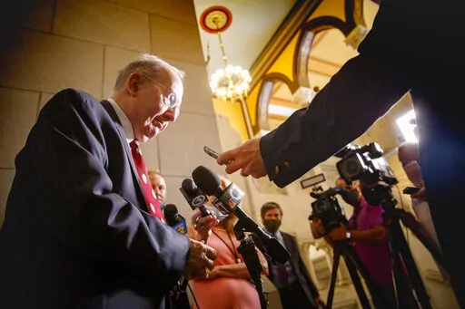 State Senate President Pro Tempore Martin Looney meets with reporters outside the Senate chamber June 9, 2021, in Hartford, Conn. The Connecticut Senate gave final legislative approval Friday to a bill abortion rights advocates contend is needed to protect in-state medical providers from legal action stemming from out-of-state laws, as well as the patients who travel to Connecticut to terminate a pregnancy and those who help them. Looney said lawmakers in Connecticut needed to pass the legislati