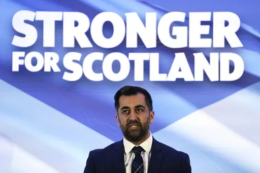 Newly elected Scottish National Party leader Humza Yousaf speaks after being announced new SNP leader, at Murrayfield Stadium, in Edinburgh, Scotland, Monday, March 27, 2023. Scotland’s governing Scottish National Party elected Yousaf as its new leader on Monday after a bruising five-week contest that exposed deep fractures within the pro-independence movement. The 37-year-old son of South Asian immigrants is set to become the first person of color to serve as Scotland’s first minister. (And