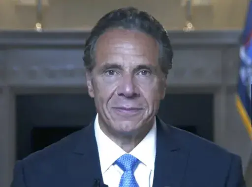FILE - This image made from video provided by the New York Governor's Office shows New York Gov. Andrew Cuomo giving a farewell speech, Monday, Aug. 23, 2021, in New York. (New York Governor's Office via AP, File)