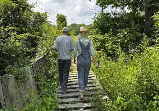 The founders of Fruition Seeds, Matthew Goldfarb, left, and Petra Page-Mann, walk on their farm in Naples, N.Y., on Thursday, Aug. 1, 2024. The multimillion-dollar organic seed company has declared that "seeds are gifts" and will be giving them away after this month. (AP Photo/Cara Anna)