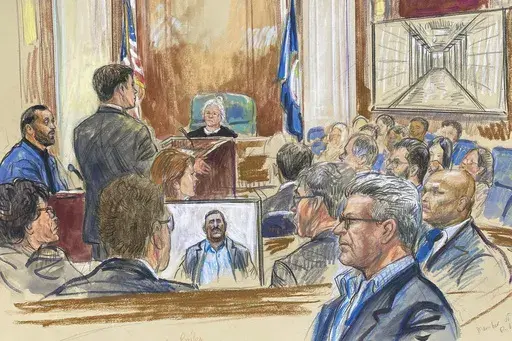 This courtroom sketch depicts a former detainee at Abu Ghraib prison, Salah Al-Ejaili, foreground with glasses, at the trial of CACI, a Virginia-based military contractor who is accused of contributing to the abuse and torture of detainees at Abu Ghraib, in U.S. District Court in Alexandria, Va., April 16, 2024. (Dana Verkouteren via AP, File)