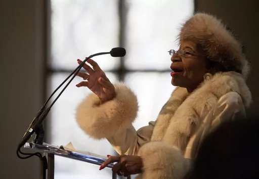 Christine King Farris, sister of the Rev. Martin Luther King Jr. speaks at the King holiday commemorative service at Ebenezer Baptist Church, the church where King preached, Jan. 19, 2015, in Atlanta. Farris, the last living sibling of Martin Luther King Jr., has died Thursday, June 29, 2023, according to her niece, the Rev. Bernice King. (AP Photo/David Goldman, File)