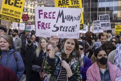 A protester chants during a demonstration in support of Palestinian activist Mahmoud Khalil, Monday, March 10, 2025, in New York. (AP Photo/Yuki Iwamura)