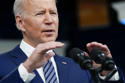 President Joe Biden speaks about his administration's plans to combat rising gas prices in the South Court Auditorium on the White House campus, Thursday, March 31, 2022, in Washington. (AP Photo/Patrick Semansky)