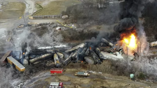 This photo taken with a drone shows portions of a Norfolk and Southern freight train that derailed the night before in East Palestine, Ohio, on Feb. 4, 2023. The Federal Railroad Administration recently completed a review of Norfolk Southern's safety culture done in the wake of the fiery Feb. 3 derailment in Ohio, and officials plan to follow up with similar investigations of all the major freight railroads over the next year. (AP Photo/Gene J. Puskar, File)