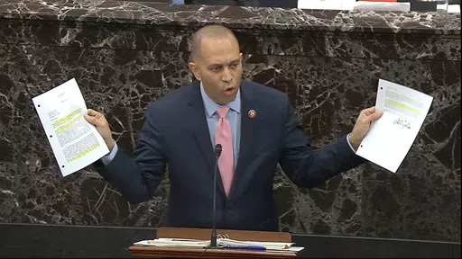In this image from video, House impeachment manager Rep. Hakeem Jeffries, D-N.Y., answers a question during the impeachment trial against President Donald Trump in the Senate at the U.S. Capitol in Washington, Jan. 29, 2020. (Senate Television via AP, File)