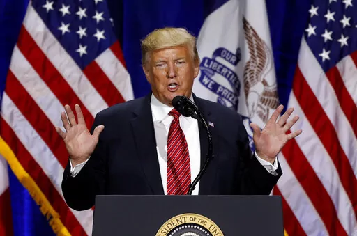 President Donald Trump speaks during the Republican Party of Iowa's America First Dinner, June 11, 2019, in West Des Moines, Iowa. Trump reshaped Republican foreign policy with his "America First" doctrine, skepticism of NATO and appreciation of autocrats. But Russian's invasion of Ukraine – and the West's united response to it – is emerging as a sudden test of that philosophy. (AP Photo/Charlie Neibergall, File)