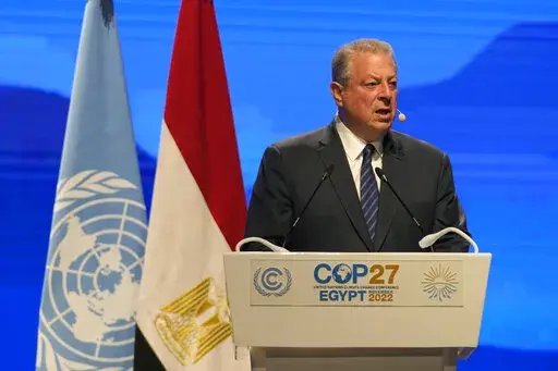 Former U.S. Vice President Al Gore speaks during a session at the COP27 U.N. Climate Summit, Wednesday, Nov. 9, 2022, in Sharm el-Sheikh, Egypt. (AP Photo/Peter Dejong)