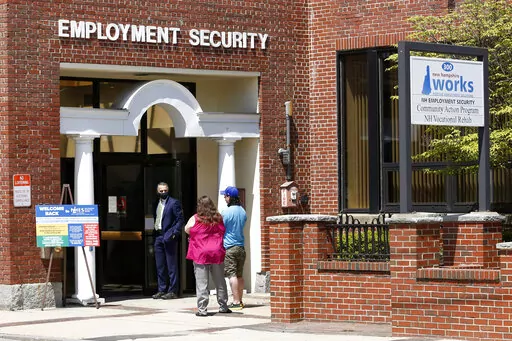 Job seekers line up outside the New Hampshire Works employment security job center, Monday, May 10, 2021, in Manchester, N.H. More Americans applied for jobless aid last week but the total number of Americans collecting unemployment remains at a five-decade low. Applications for unemployment benefits rose by 27,000 to 229,000 for the week ending June 4, the most since mid-January, the Labor Department reported Thursday, June 9, 2022. (AP Photo/Mary Schwalm, File)