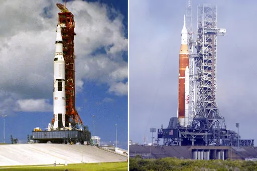 This combination of photos shows the Saturn V rocket with Apollo 12's spacecraft aboard on the launch pad at the Kennedy Space Center in 1969, left, and the new moon rocket for the Artemis program with the Orion spacecraft at the Kennedy Space Center in Cape Canaveral, Fla., on March 18, 2022. (AP Photo, File)