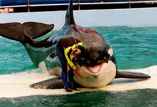 Trainer Marcia Hinton pets Lolita, a captive orca whale, during a performance at the Miami Seaquarium in Miami, March 9, 1995. Lolita, an orca whale held captive for more than a half-century, died Friday, Aug. 18, 2023, at the Miami Seaquarium as caregivers prepared to move her from the theme park in the near future. A Pacific white-sided dolphin who shared a tank with Lolita at the Miami Seaquarium until Lolita died has been moved to SeaWorld San Antonio, where he will live with others of his s