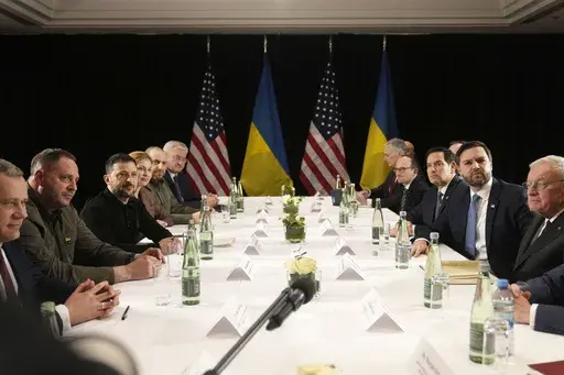 United States Vice-President JD Vance, second right, and United States Secretary of State Marco Rubio, third right, meet with Ukraine's President Volodymyr Zelenskyy, third left, during a bilateral meeting on the sidelines of the Munich Security Conference in Munich, Germany, Friday, Feb. 14, 2025. (AP Photo/Matthias Schrader, File)