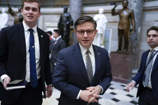 House Speaker Mike Johnson of La., walks on Capitol Hill, Thursday, Jan. 18, 2024, in Washington. (AP Photo/Yuri Gripas)