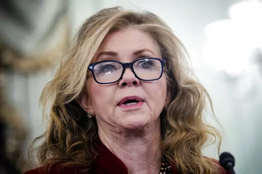 Sen. Marsha Blackburn, D-Tenn., speaks during a Senate Commerce, Science, and Transportation Subcommittee on Consumer Protection, Product Safety, and Data Security hearing to examine COVID-19 fraud and price gouging, on Feb. 1, 2022 on Capitol Hill in Washington. Two widely supported bills are encountering delays in the Senate. The House easily approved the measures last week with broad bipartisan support.  (Bill O'Leary/The Washington Post via AP, Pool)