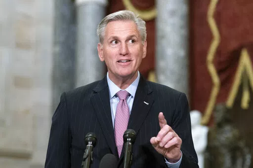 Speaker of the House Kevin McCarthy, R-Calif., speaks during a news conference in Statuary Hall at the Capitol in Washington, Thursday, Jan. 12, 2023. McCarthy rounded his first full week as House speaker in the most outwardly orderly way. There was hardly a hint of the chaotic, rebellious fight it took for the Republicans to arrive here, having barely installed him as the leader with the gavel. (AP Photo/Jose Luis Magana)