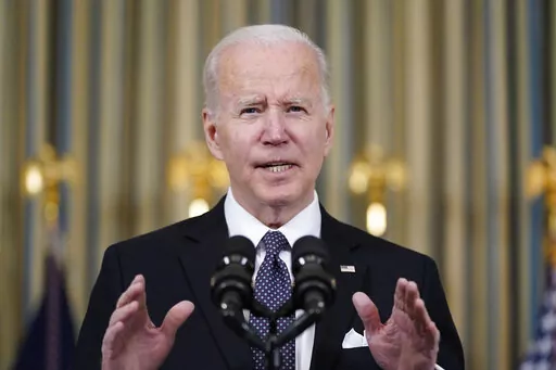 President Joe Biden speaks about his proposed budget for fiscal year 2023 in the State Dining Room of the White House, Monday, March 28, 2022, in Washington. (AP Photo/Patrick Semansky)