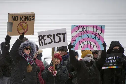 People demonstrate during the Presidents Day protest Monday, Feb. 17, 2025, in Lincoln, Neb. (Justin Wan/Lincoln Journal Star via AP)