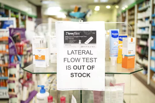 A sign saying lateral flow coronavirus tests are out of stock is displayed in a pharmacy window in London, Thursday Dec. 30, 2021. Officials have warned revellers in Scotland and Wales to think twice before travelling to England to ring in the new year, highlighting how the four parts of the U.K. were again taking starkly different approaches to coronavirus restrictions amid record-high infections and soaring hospitalizations. Prime Minister Boris Johnson has resisted tightening restrictions in 