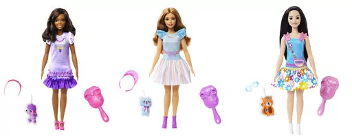 This combination of photos shows My First Barbie dolls, from left, Brooklyn, Teresa and Renee. My First Barbie, made specifically for children as young as 3, is 13.5 inches tall, with a broader waste that de-emphasizes the bust line, with flesh-tone modesty undergarments permanently attached. (Mattel via AP)