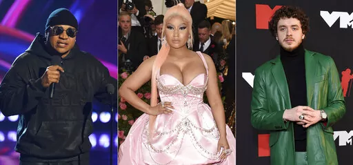 This combination of photos show LL Cool J hosting the iHeartRadio Music Awards in Los Angeles on March 22, 2022, left, Nicki Minaj at The Metropolitan Museum of Art's Costume Institute benefit gala in New York on May 6, 2019, center, and Jack Harlow at the MTV Video Music Awards in New York on Sept. 12, 2021. The rappers will host the MTV Video Music Awards on Aug. 28. (AP Photo)