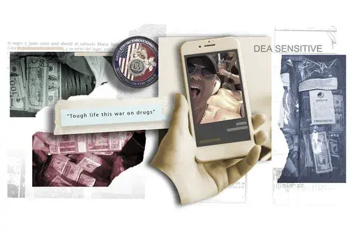 illustration includes a photo obtained by The Associated Press of then-U.S. Drug Enforcement Administration Agent Jose Irizarry and other images from DEA documents. (AP Illustration/Marshall Ritzel)