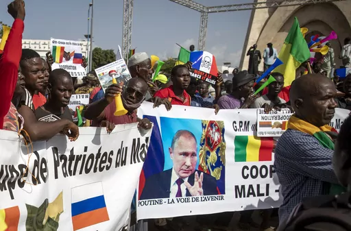 Malians demonstrate against France and in support of Russia on the 60th anniversary of the independence of the Republic of Mali, in Bamako, Mali, on Sept. 22, 2020. On July 27-28, 2023 Russian President Vladimir Putin is hosting delegations from almost all of Africa's 54 countries at the second Russia-Africa Summit. (AP Photo, File)