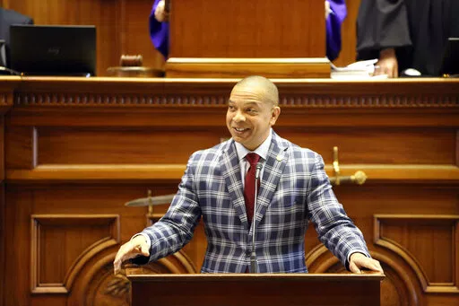 South Carolina Sen. Marlon Kimpson, D-Charleston, asks fellow senators to stop delaying a debate on a hate crimes bill on Thursday, Feb. 10, 2022, in Columbia, S.C. (AP Photo/Jeffrey Collins)
