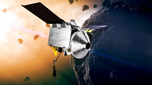 This illustration provided by NASA depicts the OSIRIS-REx spacecraft at the asteroid Bennu. On Sunday, Sept. 24, 2023, the spacecraft will fly by Earth and drop off what is expected to be at least a cupful of rubble it grabbed from the asteroid Bennu, closing out a seven-year quest. (Conceptual Image Lab/Goddard Space Flight Center/NASA via AP, File)