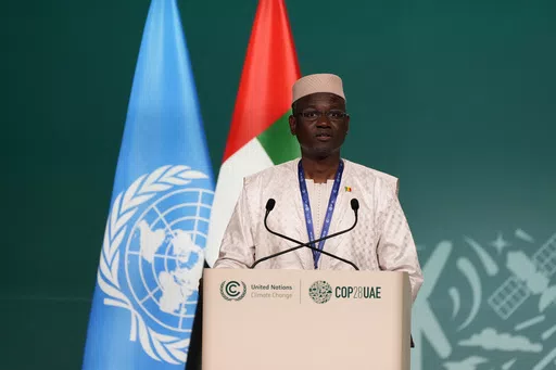 Mali Prime Minister Abdoulaye Maiga at the COP28 U.N. Climate Summit, Saturday, Dec. 9, 2023, in Dubai, United Arab Emirates. According to a notice posted on social media, Thursday, April 11, 2024, Mali’s ruling junta has banned the media from reporting on the activities of political parties and associations in the country. The ban followed a decision the previous day that banned all political party activities until further notice. (AP Photo/Kamran Jebreili, File)