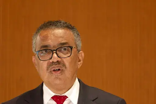 Director General of the World Health Organization (WHO) Tedros Adhanom Ghebreyesus addresses delegates during the first day of the 75th World Health Assembly at the European headquarters of the United Nations in Geneva, Switzerland, Sunday, May 22, 2022. (Salvatore Di Nolfi/Keystone via AP)
