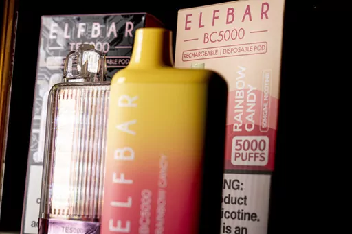 Elf Bar disposable vaping pod devices are displayed, Monday, June 26, 2023, in Washington. In December 2023, U.S. authorities publicly announced the first seizure of some of the company’s shipments, part of an operation confiscating 1.4 million illegal, flavored e-cigarettes from China. They pegged the value of the items at $18 million, including brands other than Elf Bar. (AP Photo/Andrew Harnik, File)