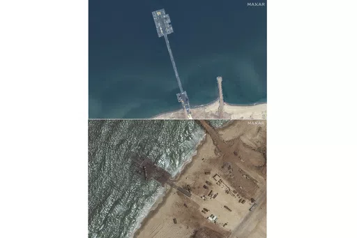 These images released by Maxar Technologies show the newly completed pier in the Gaza Strip on May 18, 2024, top, and the remaining section of the temporary pier on May 29, 2024. A string of security, logistical and weather problems have battered the plan to deliver desperately needed humanitarian aid to Gaza through a U.S. military-built pier. Broken apart by strong winds and heavy seas just over a week after it became operational, the project faces criticism that it hasn’t lived up to its in