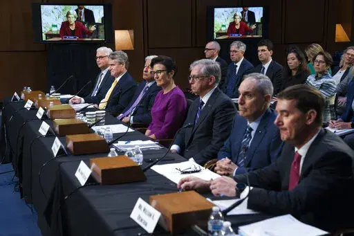 Sen. Elizabeth Warren, D-Mass., on a screen in the background, questions witnesses about Zelle, during a Senate Banking Committee annual Wall Street oversight hearing, Sept. 22, 2022, on Capitol Hill in Washington. On the panel from left, Wells Fargo & Company CEO and President Charles Scharf, Bank of America Chairman and CEO Brian Thomas Moynihan, JPMorgan Chase & Company Chairman and CEO Jamie Dimon, Citigroup CEO Jane Fraser, Truist Financial Corporation Chairman and CEO William Rogers Jr., U