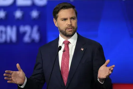 Republican vice presidential nominee Sen. JD Vance, R-Ohio, speaks during a vice presidential debate hosted by CBS News, with Democratic vice presidential candidate Minnesota Gov. Tim Walz, Tuesday, Oct. 1, 2024, in New York. (AP Photo/Matt Rourke)