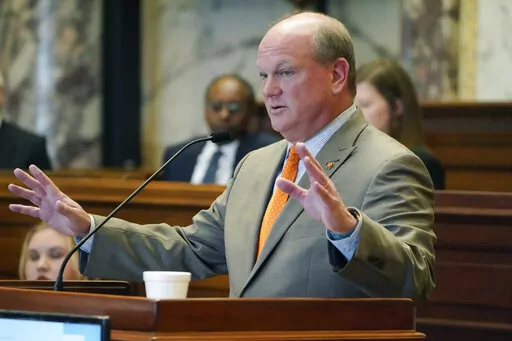 Senate Judiciary A Committee Chairman Brice Wiggins, R-Pascagoula, responds to a question about legislation that would expand the roles for state police and appointed judges inside the majority-Black and Democratic-led capital city of Jackson, during floor debate, Tuesday, March 7, 2023, at the Mississippi Capitol in Jackson. The majority-white and Republican-led Mississippi Senate passed the bill which now advances to the House. (AP Photo/Rogelio V. Solis)